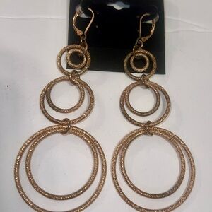Gold Tone Double Hoop Dangle Earrings Textured‎ Circles Drop